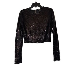 Revamped Black Sequin Long Sleeve Crop Top Exposed Back Zipper Women L